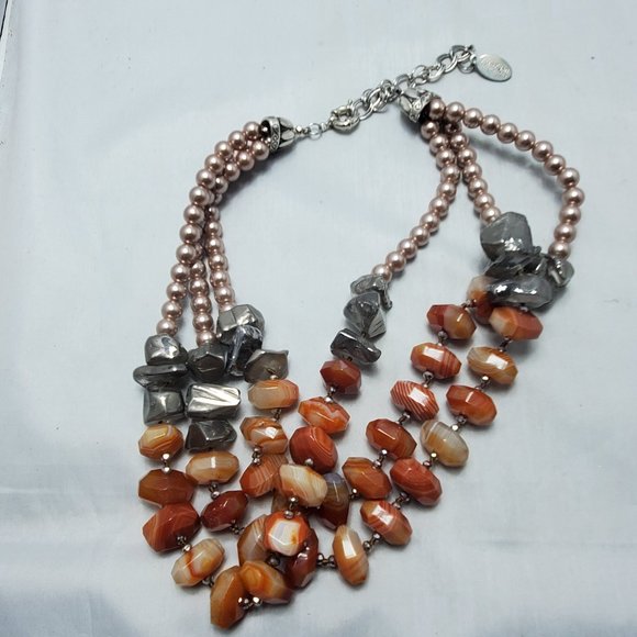 Ali Khan 3 layer necklace with glass beads coral gray and champagne - Picture 1 of 4